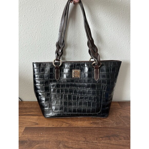 Dooney & Bourke Black & Brown Croc Embossed Leather Shoulder Bag - Picture 1 of 12